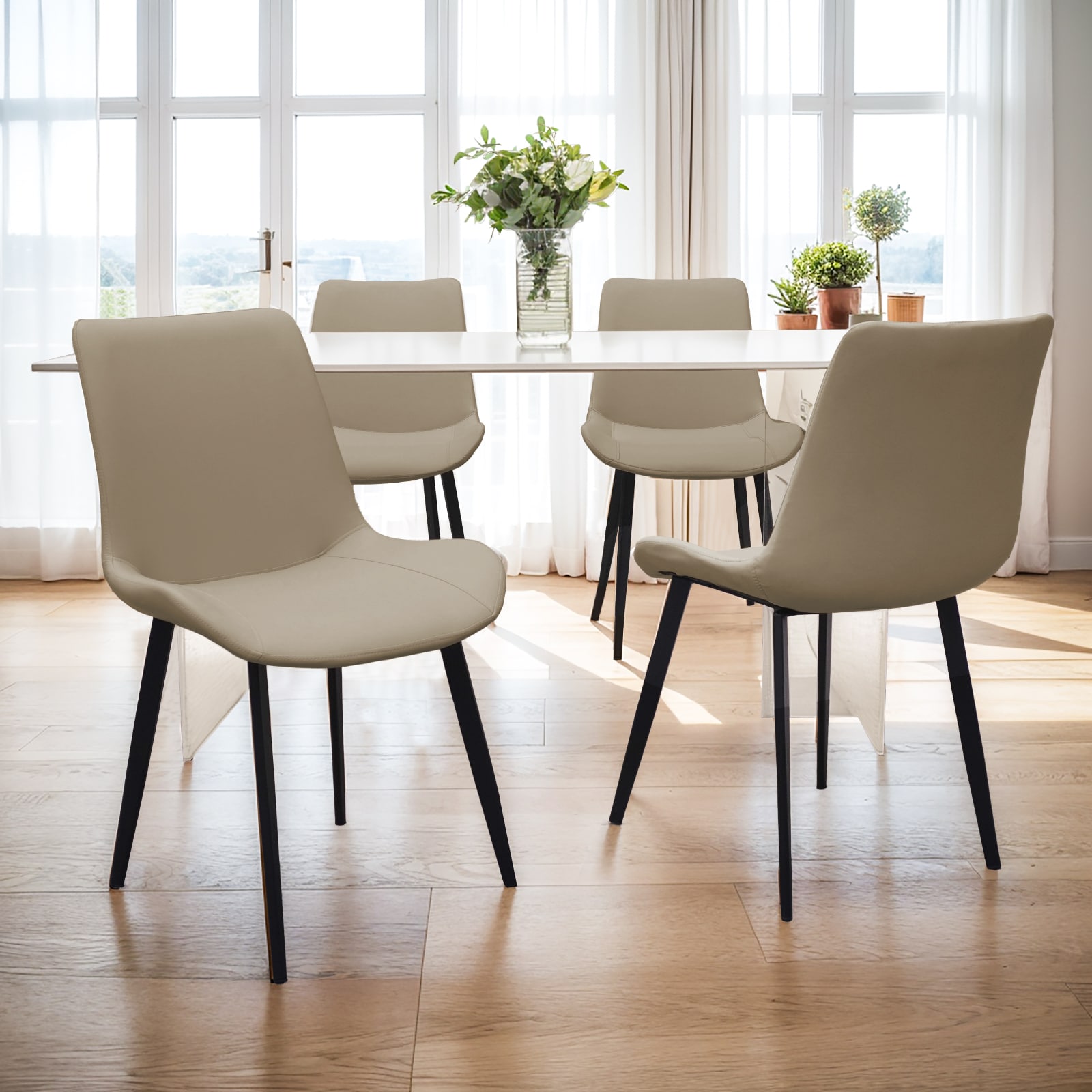 Tan PU Leather Dining Chair with Metal Legs, Modern Upholstered Chair Set of 2 for Kitchen, Restaurant, Living, Meeting Room